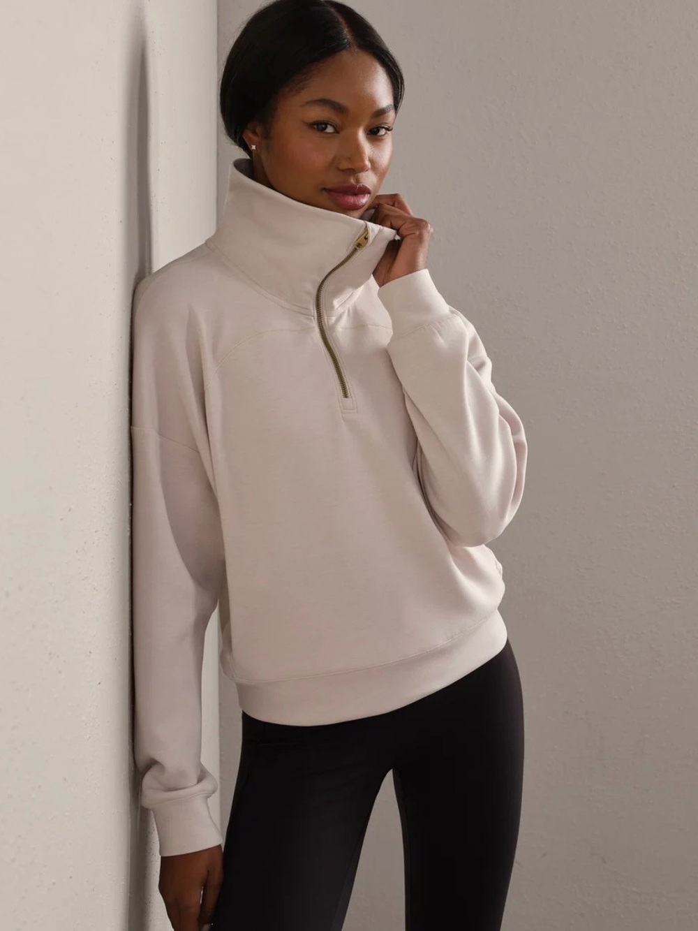 RHONE Cream Half-Zip Funnel Neck Sweatshirt